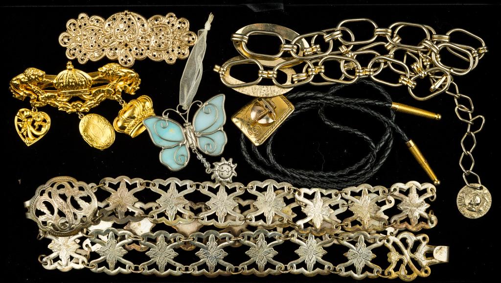 Costume Jewelry w/Blue Butterfly, Gold Tone: Including Mocha Made in France gold tone hair clip with faux locket and charms, butterfly pendant, silver tone belt, gold tone sailboat bolo, gold tone belt with faux coin charm.
