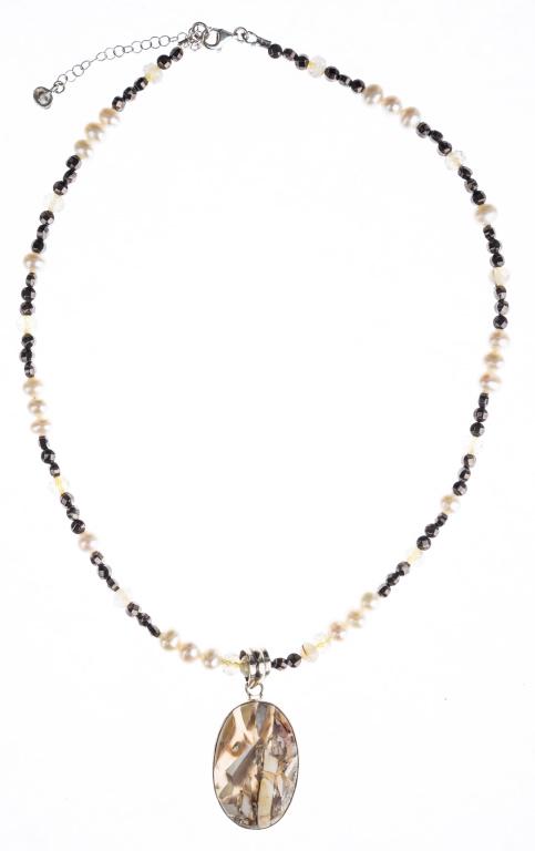 Fine Sterling Pearl Stone Necklace: Pearl and hematite with sterling clasp necklace with large sterling silver pendant inlaid stones.