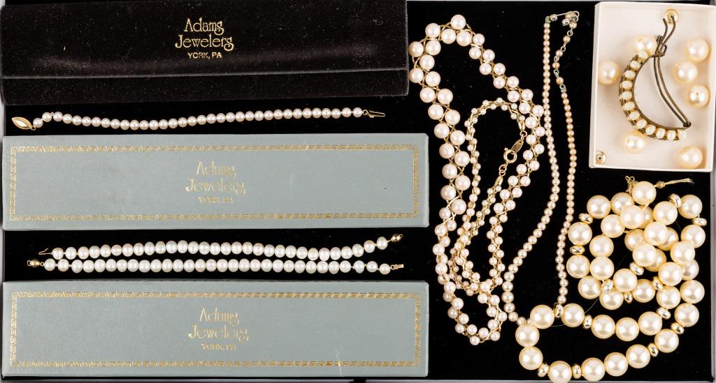 Freshwater, Faux Pearls & Trifari Jewelry: 3 Freshwater pearl bracelets with boxes, Trifari braided chain and faux pearl necklace, Marvella marked faux pearl necklace, faux pearl hair pin, and faux pearl necklace with loss.