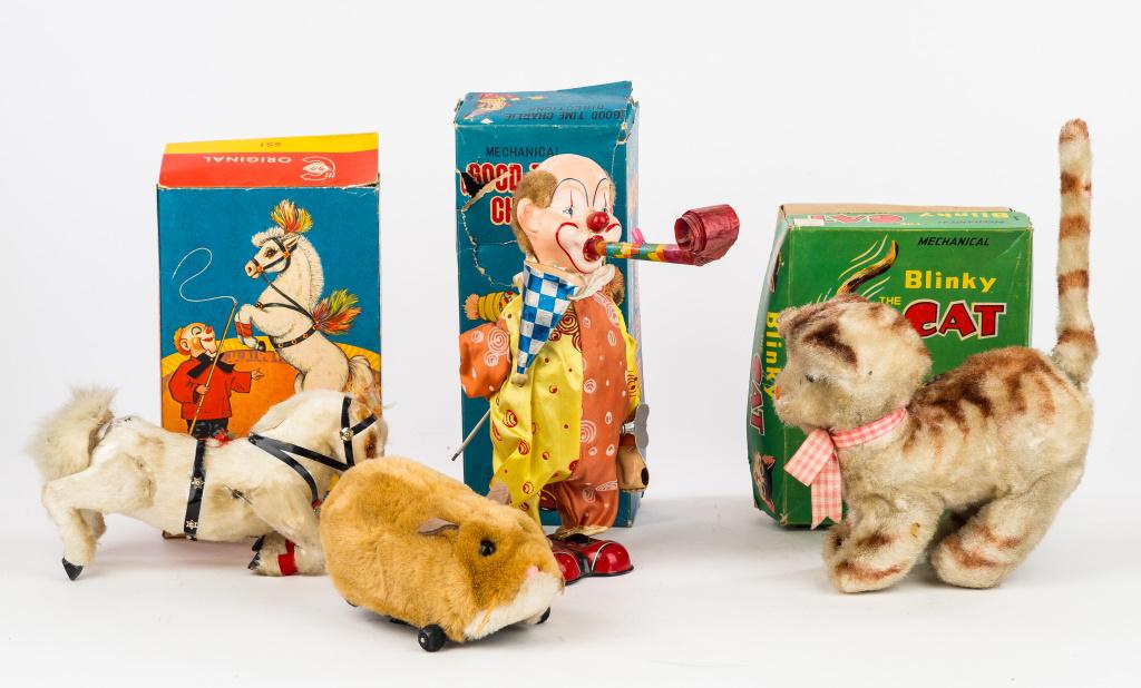 Vintage Wind Up & Other Toys: Alps brand wind up 'Good Time Charlie' clown with original box ( appears to work, box in poor condition) and 'Blinky the Cat' windup (works, box in fair condition), Max Carl dancing horse windup (appe