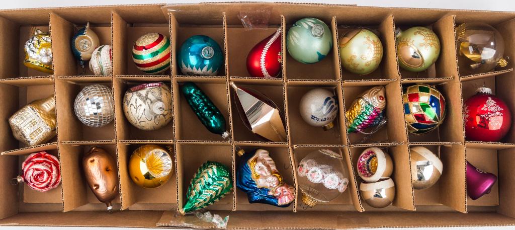 Vintage Christmas Ornaments: 29 Vintage Christmas ornaments including West Germany and Poland marked, with various designs and styles showing fish, vegetables, tiger, and more.