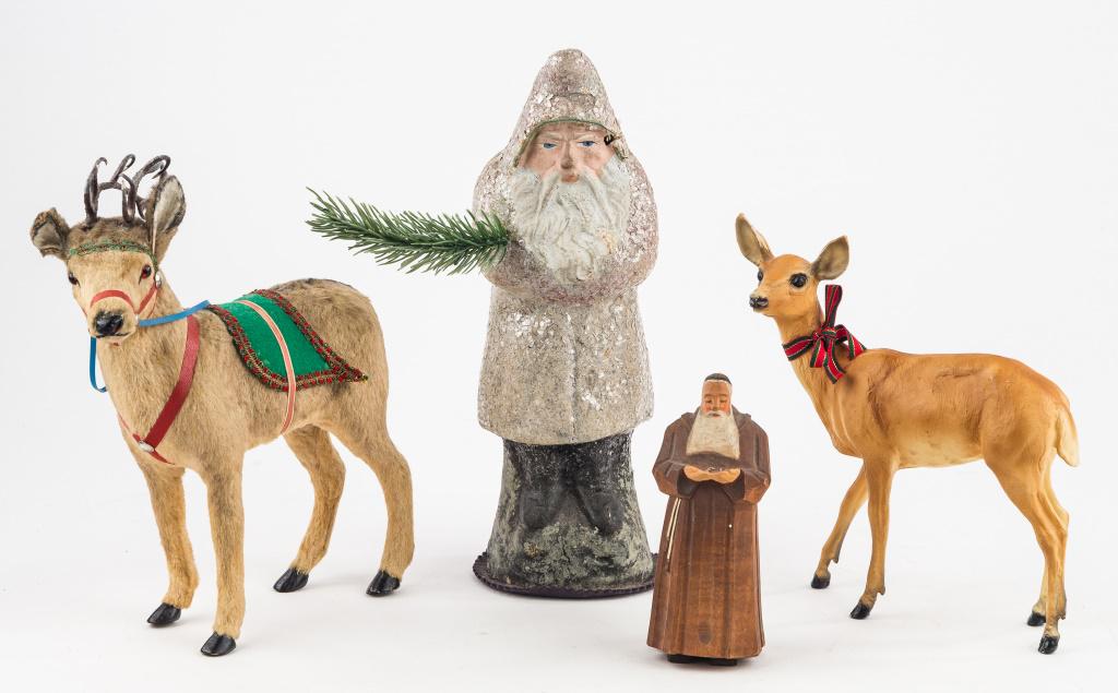 Vintage Christmas Decorations: Christmas decorations including Breyer Deer, Mohair reindeer, paper mache Santa figure approx 10.5"H, and carved wood friar.