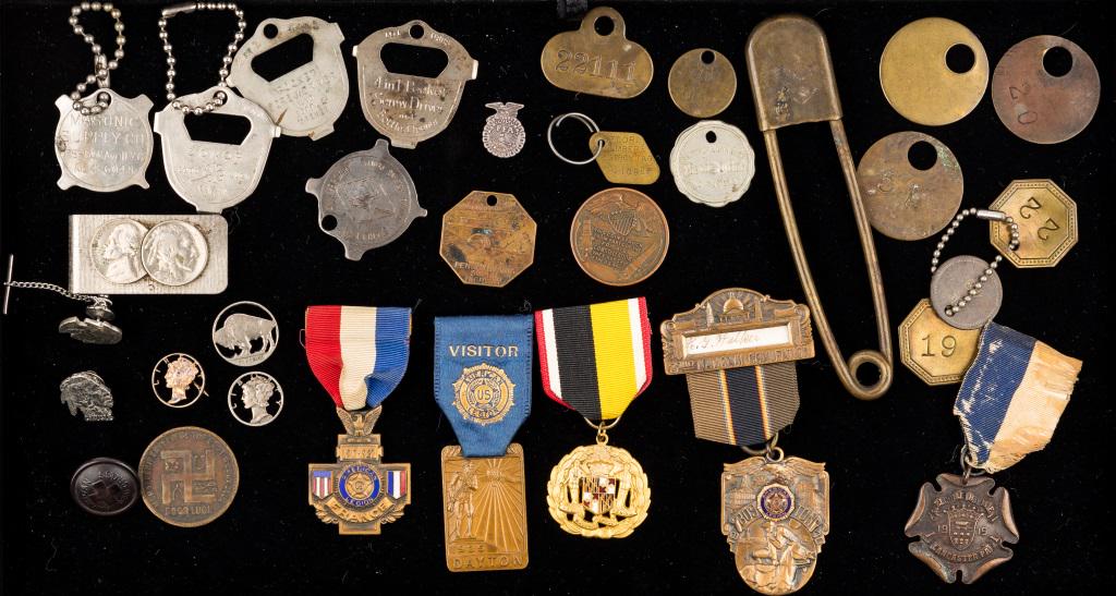 Antique & Vintage Medals, Tokens, Cut Coin Jewelry: Medals for American Legion and Maryland National Guard, cut coin pins and pendants including mercury dimes, buffalo and Indian head nickels, advertising keychain screwdrivers, brass tool tags, tokens