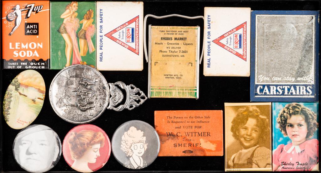 Vintage Advertising Mirrors: 13 Advertising mirrors including Shirley Temple, Exxon, 7Up, Niagara Falls, political and others, and metal framed hand mirror marked 'Denmark' on side edge, depicting barrel opening scene, approx 4.5