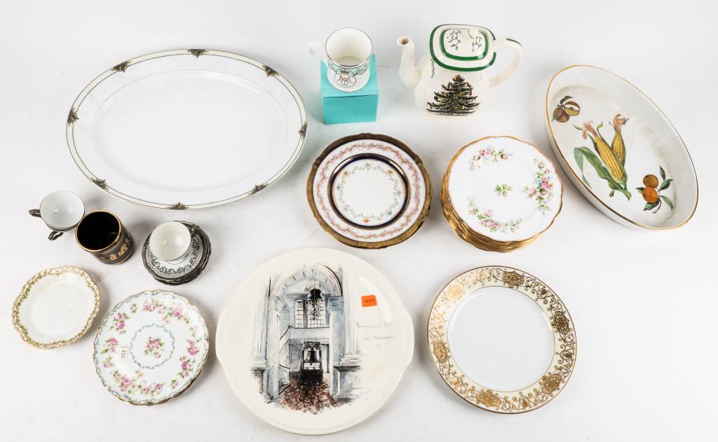 Spode, Haviland, Helen Yearsley Painted Plate: Spode Christmas tree teapot approx 9"H, 2 Haviland Limoge plates, Helen Yearsley Independence Hall Philadelphia dated 1946 approx 13"W handle to handle, William Edwards 2018 commemorative Prince Harry