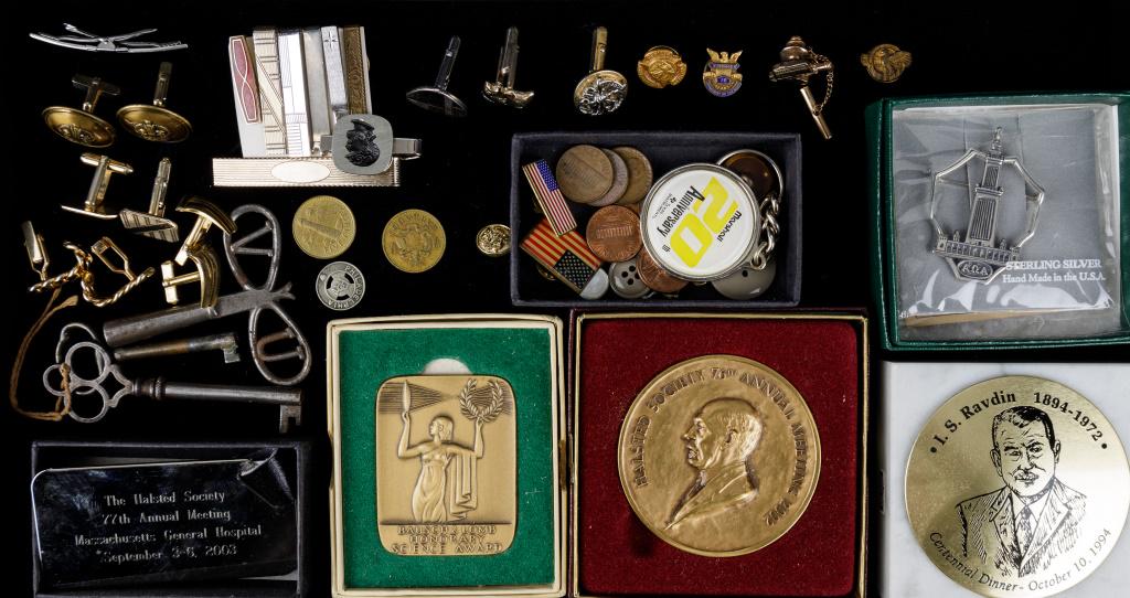 Sterling Silver Pin, Medals, Skeleton Keys: Medals including Bausch & Lomb Honorary Science Award, Halstad Society medal and keychain, I.S. Ravdin Centennial Dinner paperweight, sterling silver Alpha Omega Alpha pin, Department of the Army mili