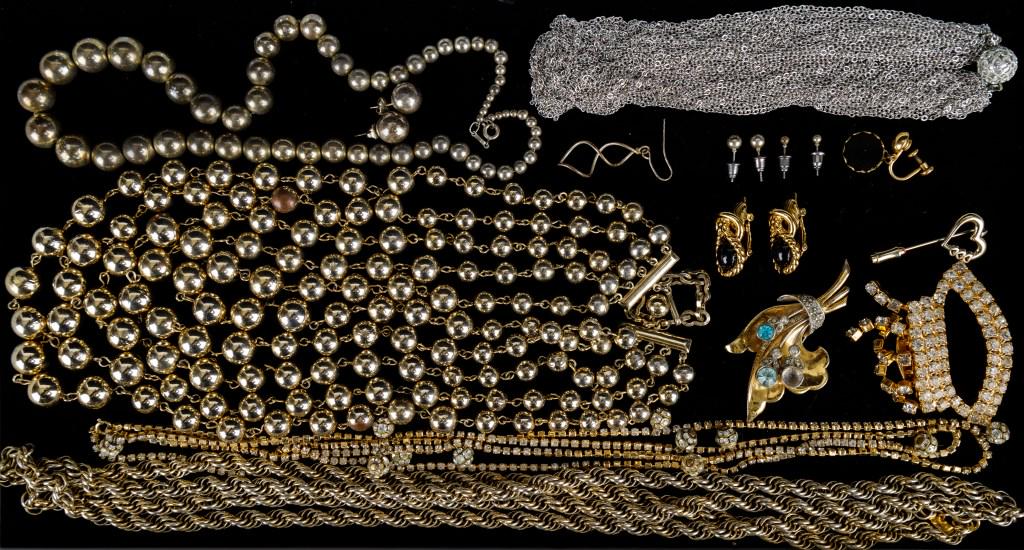 Sterling Silver & Other Jewelry: Sterling silver graduating ball necklace and matching post earrings, Monet long chain necklace, rhinestone necklace, brooch, heart straight pin, 2 multi strand necklaces, and more.