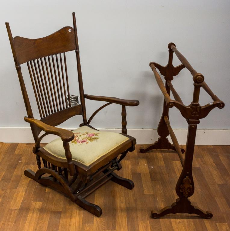 Victorian Rocking Chair and Quilt Rack: Rocking chair 44" x 28" x 26. Rack approx 36" x 31"