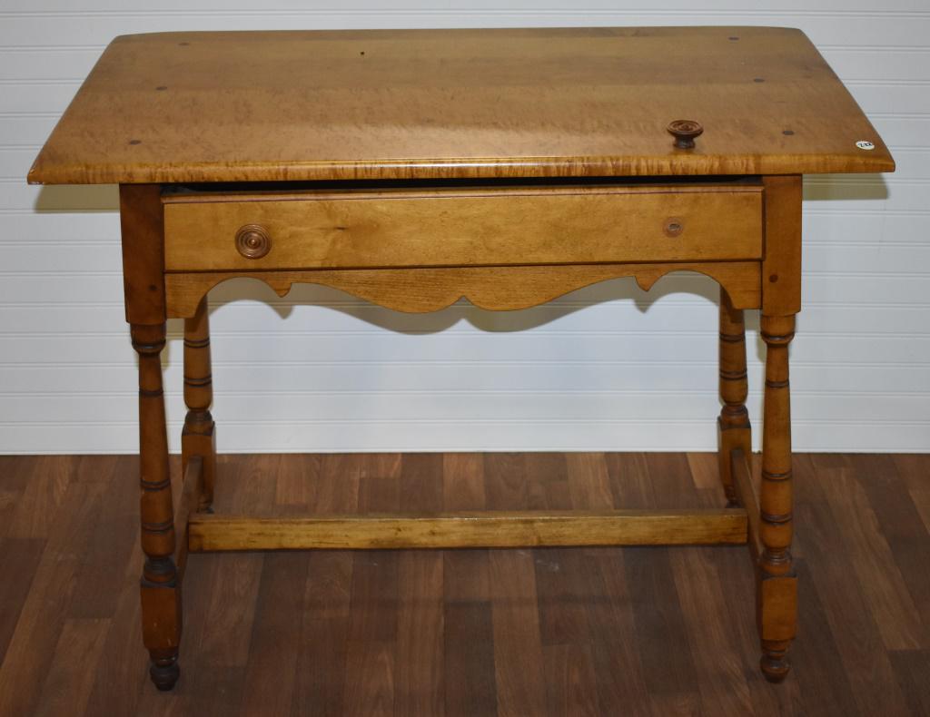 Tiger Maple Hall Table: This is a hall table measuring approx 30" H x 35 1/4" W x 19" D. It has a tiger maple top over one pull drawer and skirt. One drawer pull off but included. Pickup required within two weeks of auction.