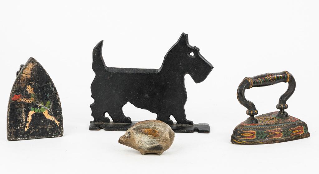 Tole Painted & Other Cast Iron: Tole painted cast iron iron, iron with running woman painted on bottom, painted cast iron pig, and Scotty dog boot scrape approx 9"L x 7.5"H.