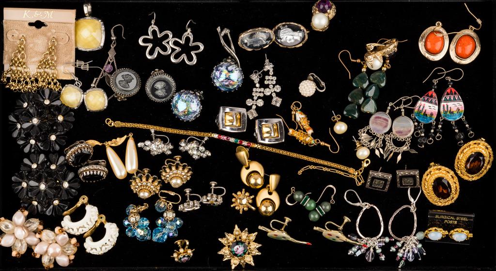 Sterling Silver, Givenchy, Vogue, Coro & Others: Various jewelry including .925 marked square marcasite earrings, dangle bead hook earrings, and green bead hook earrings, Givenchy silver and gold tone clip on earrings, Whiting & Davis reverse cameo