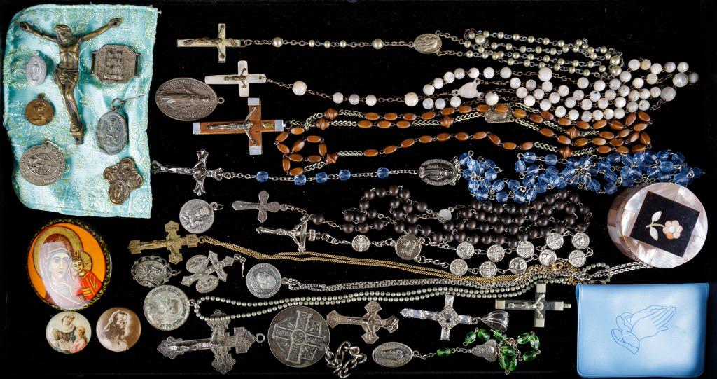 Religious Jewelry, Buttons, & Icons: Variety of rosaries, crucifixes and saints medallions, painted lacquer 'Millenniam 2000' Russian button, and mother of pearl floral pill box.