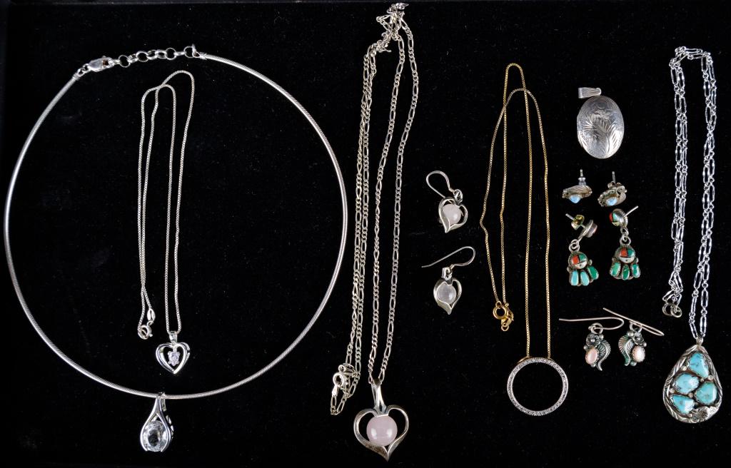 Sterling Silver & Native American Jewelry: Native American style earrings, 1 set marked 'B.J. .925', 1 set dream catcher style marked 'Zunie', and 1 set marked 'MB', .925 marked heart necklace, .925 marked choker with pendant, .925 marked lock
