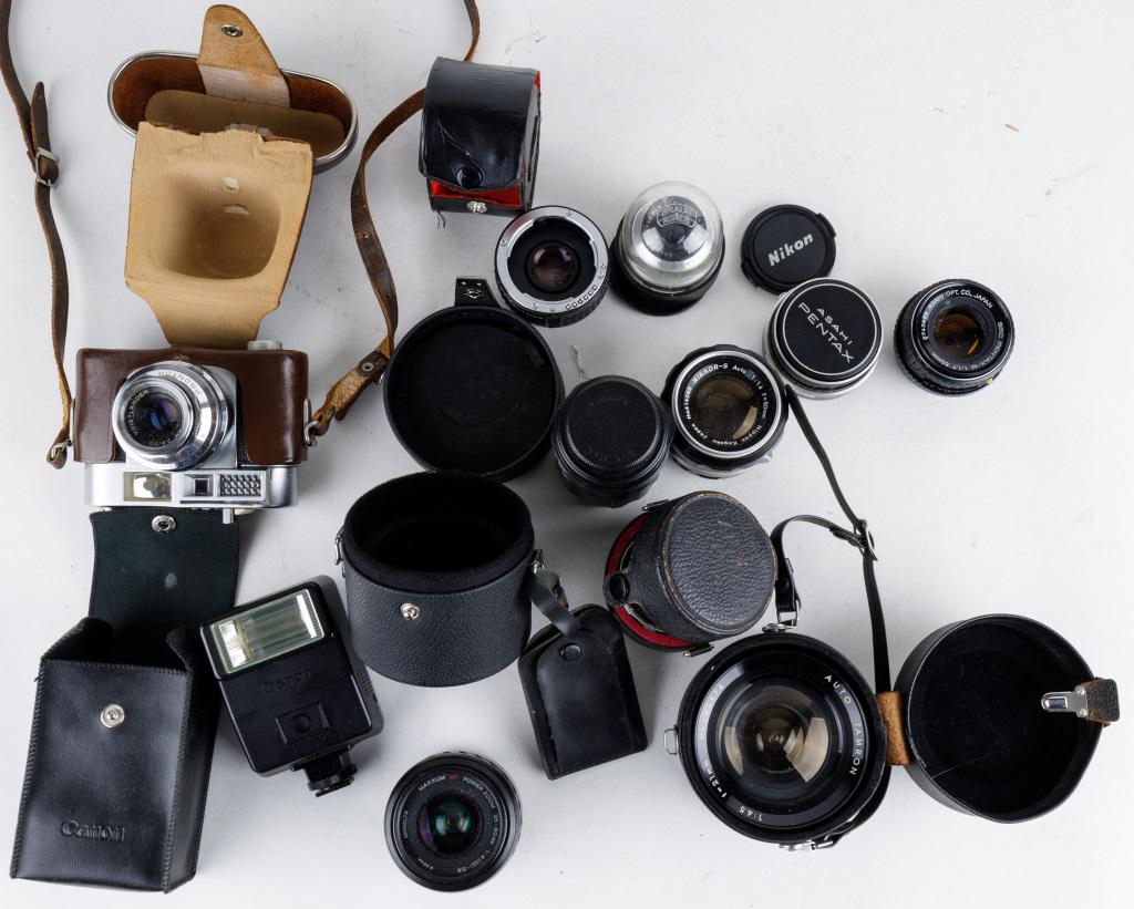 Camera Lenses, Flashes, Vintage Voigtlander Camera: Voigtlander Vitomatic II A camera with Color-Skopar 2,8/50 lens, in original leather case, Minolta, Tamron, Braun Nurnberg, Nikon, Takumar and other lenses, and Vivitar and Canon flashes.