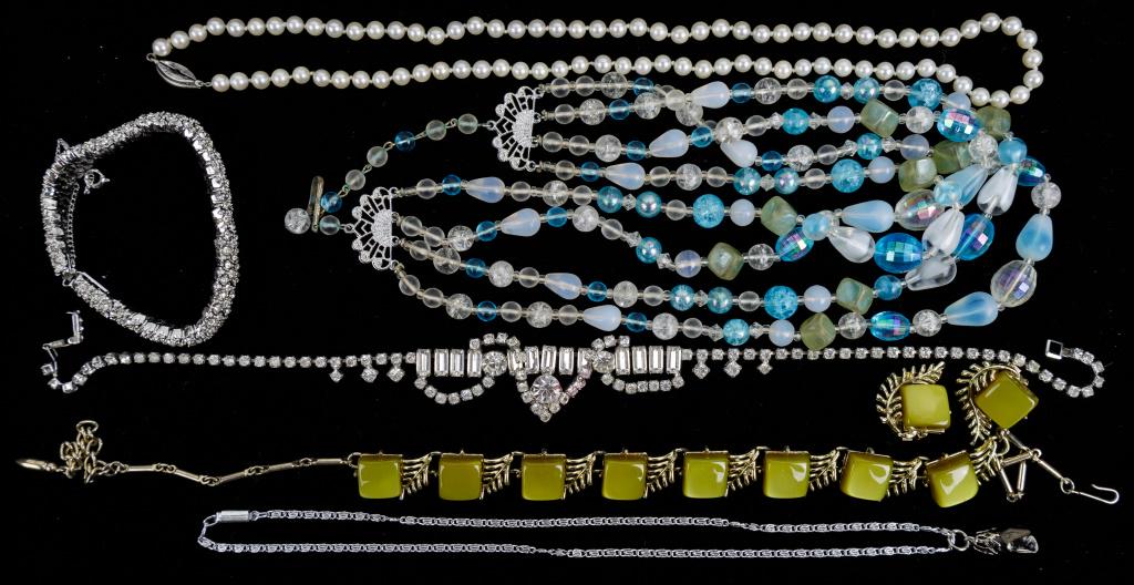 Coro, Kramer & Other Costume Jewelry: Real pearl necklace with 14k marked white gold clasp (approx 20" L), Coro green and gold tone necklace and matching earrings, Kramer rhinestone necklace, Germany coal chunk necklace, Western Germany m