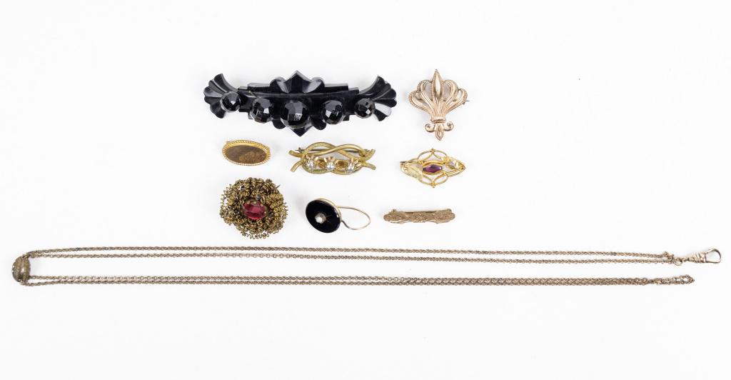 Victorian Brooches, Mourning Jewelry, Watch Chain: Victorian brooch with bog oak base and jet spheres, HDM Co. slide watch chain, and other pins