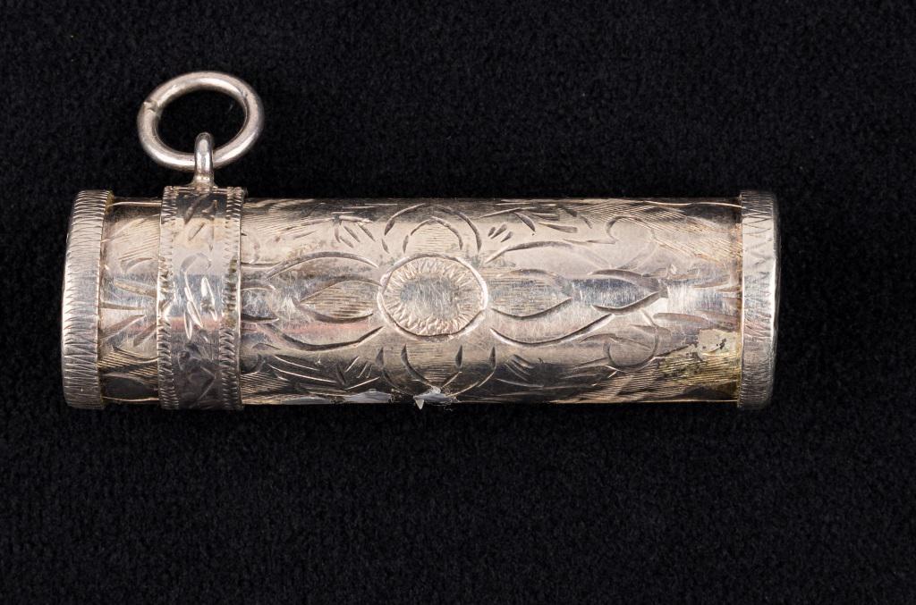 Sterling Miniature Kaleidoscope Pendant: Fine sterling silver miniature colorful glass kaleidoscope for a chatelaine, signed c1990 Bennett Scopes . The C is hard to read but likely C. Bennett known for making these. https://www.chainbows.com