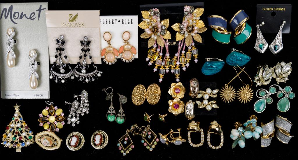 Swarovski, Whiting & Davis, Lisner & Other Jewelry: Swarovski brand black and faux pearl earrings on tag, Monet earrings on tag, Whiting & Davis gold tone flower earrings, Lisner rhinestone with leaf earrings, Express brand sun earrings, Coro faux pear