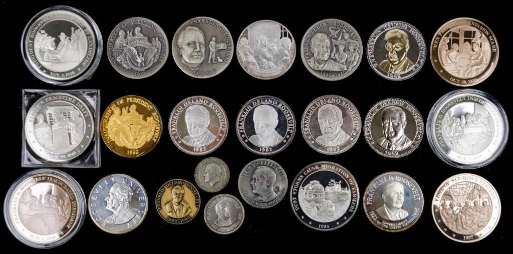 FDR Era Tokens: 23 FDR era tokens, including 3 tokens marked Franklin Mint solid bronze, 3 tokens marked 'sterling' with other marks (possibly plate?), 1 token marked 'Longines Symphonette 24k gold EP on sterling' ap