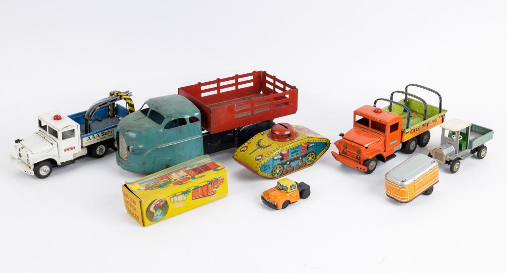 1940's Overland Freight Service Semi Truck And Trailer Tin