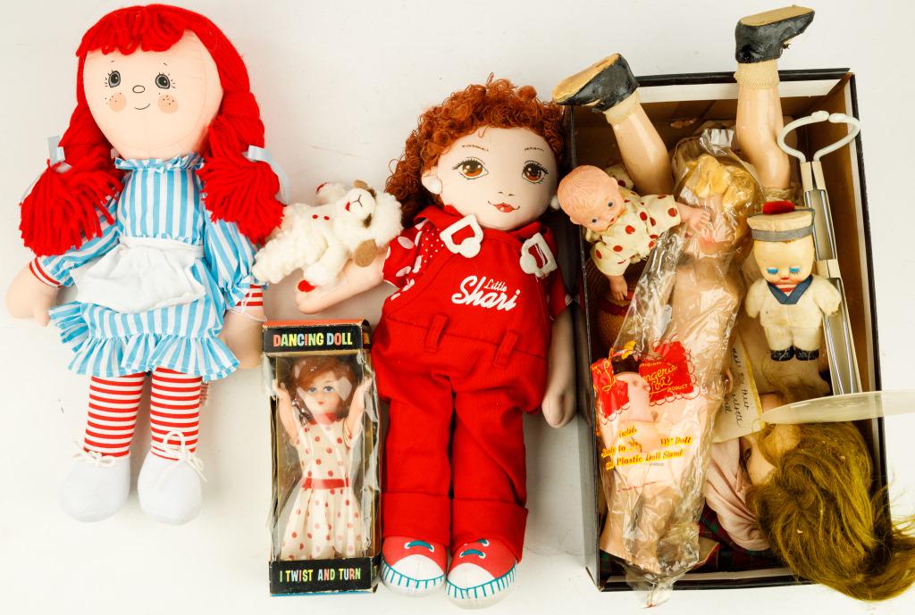 Vintage Jointed, Wind Up, Lamp Chop, Wendy's Dolls: Effanbee Anne-Shirley doll with sleeping eyes (has peeling, wig issues crystallized eyes), under garments. 2 plaid jackets, straw hat and pink outfit with bonnet, wind up crawling baby doll, Lingerie