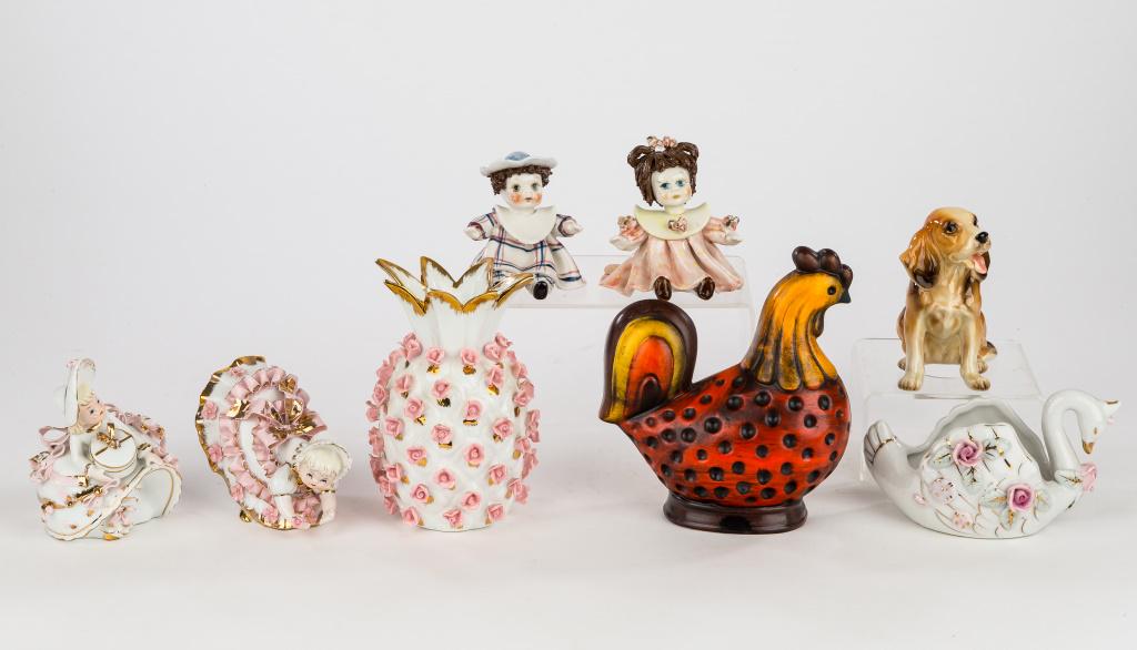 Lefton & Other Figurines: Lefton's white, gold and pink pineapple approx 5.5"H, Lefton's girl with gift box and ribbons (loss to most ribbons on dress), Lefton's girl with flower dress (possible minor chip to flower in hand), 