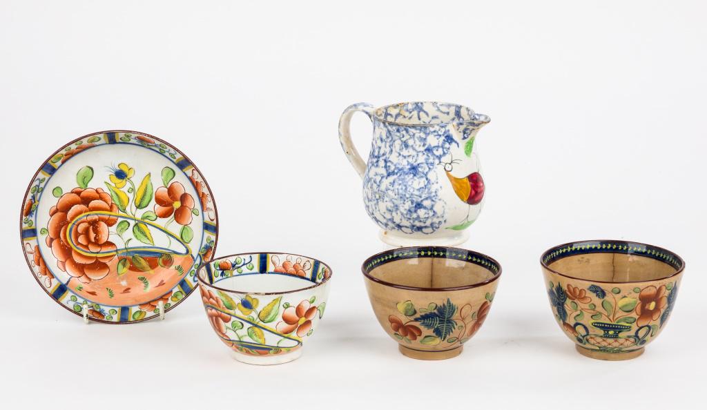 Two Gaudy Welsh Porcelain Cups, Saucer, More: One saucer with a 1/2" line. Gaudy Welsh Ironstone Plate 8.5" dia. Handleless cup with hairlines.