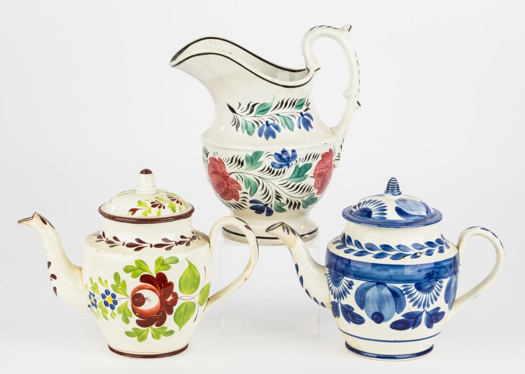 Antique English Soft Paste Pottery Pieces (3): 1 Water Pitcher 9.5" H and two teapots, all have line cracks