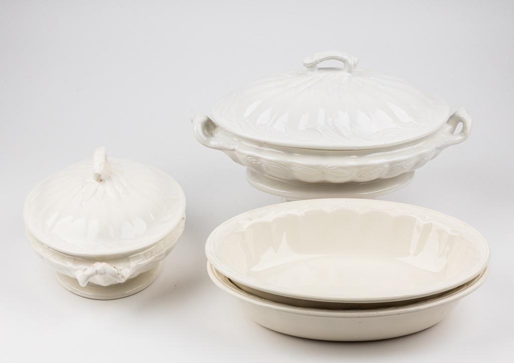 Adams Ironstone Covered Vegetable Dishes: Two lidded, approx 8" and 10" L, plus open Ironstone vegetable dishes by Wilkinson 10.5" L