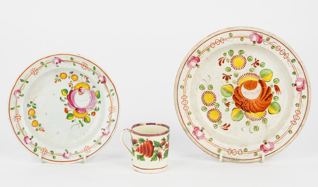 Leeds Plates, Chocolate Mug: The Leeds plates are 6" and 7.5" dia (the 7.5 plate has a line) and the early 19 C chocolate mug has a luster band (and a repair).