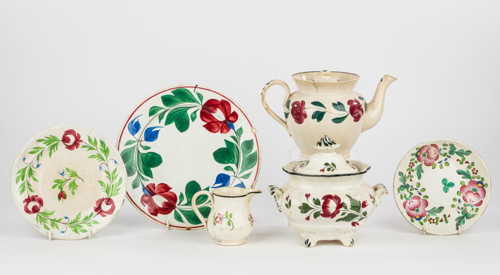 English Rose China (5 Pieces): Unmatched items. Covered sugar, teapot with 1" line saucer, 7" dia plate and 8.5" dia plate with two small chips. Rose creamer two tiny chips.