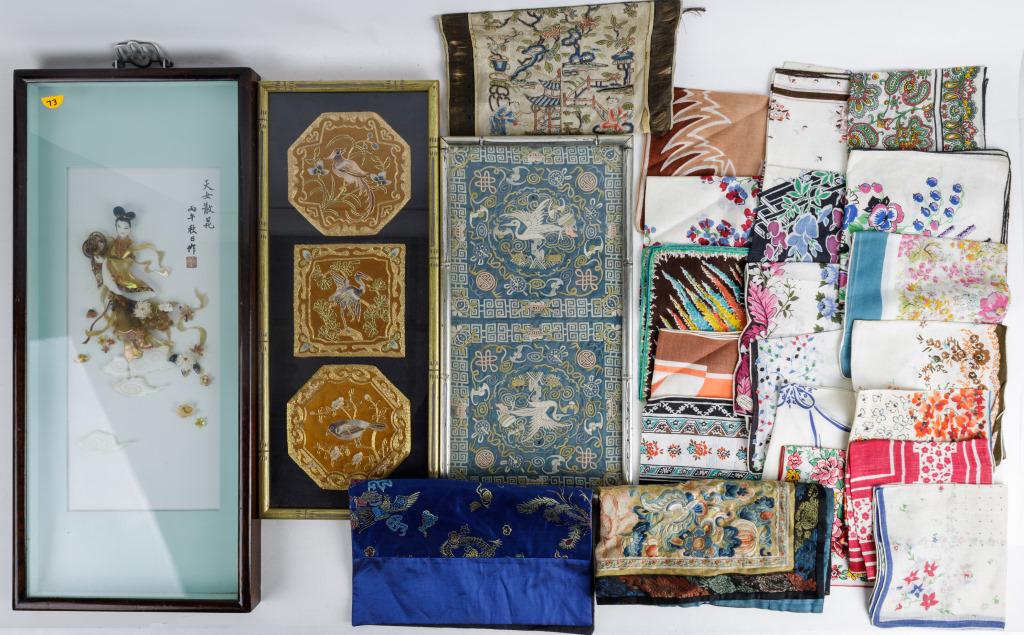 Pocket Squares, Asian Embroideries, & M.O.P.: Vintage colorful pocket squares and hankies, some fine linen, some cotton, many florals, over 16. The colorful Asian embroidery has blue silk backing (with tears) and measures approx 10" x 20". There