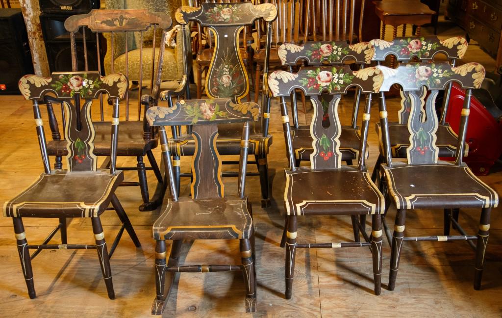 19th C Painted Plank Bottom Chairs: Lot includes five side chairs, two matching rocking chairs (one is child size), and other rocking chair (not matching others).