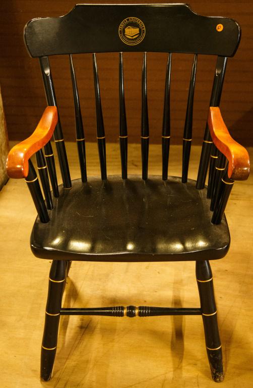 Temple University Ebonized Wood Arm Chair: Chair measures 35" high x 23" wide x 18" deep.