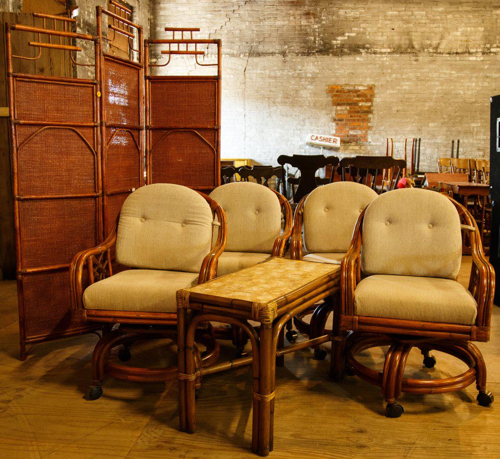 Four Vintage Rattan Rolling Chairs & More: Chairs come with a similar table with fish scale top and a 3 section 72" high screen. Chair condition is fair with 1970's-80's construction.