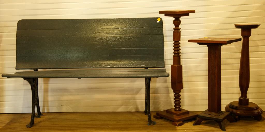 19th C Folding Bench with Three Plant Stands: Folding bench has a cast iron base with wooden slat back seat. Most of the plant stands appear to be oak and 20th century.