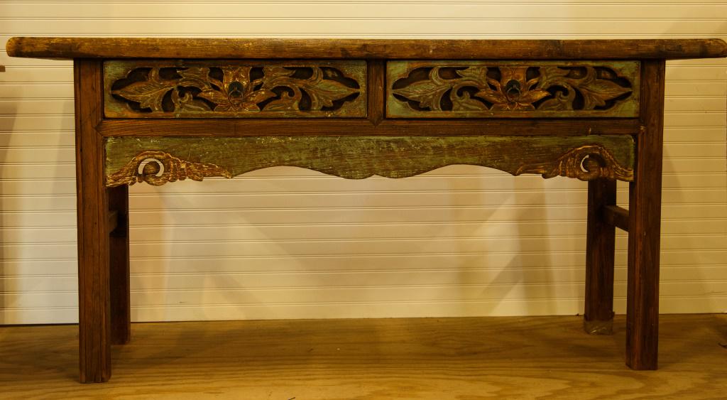 Asian Alter Table: Alter / Console Table is solid construction with some wear. It measures 65" high x 71" wide x 15" deep.