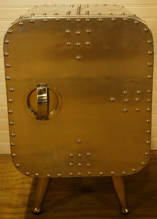 Industrial Modernist Style End Table: Metal covered wood end table measuring 25" high x 15" wide x 16" deep.