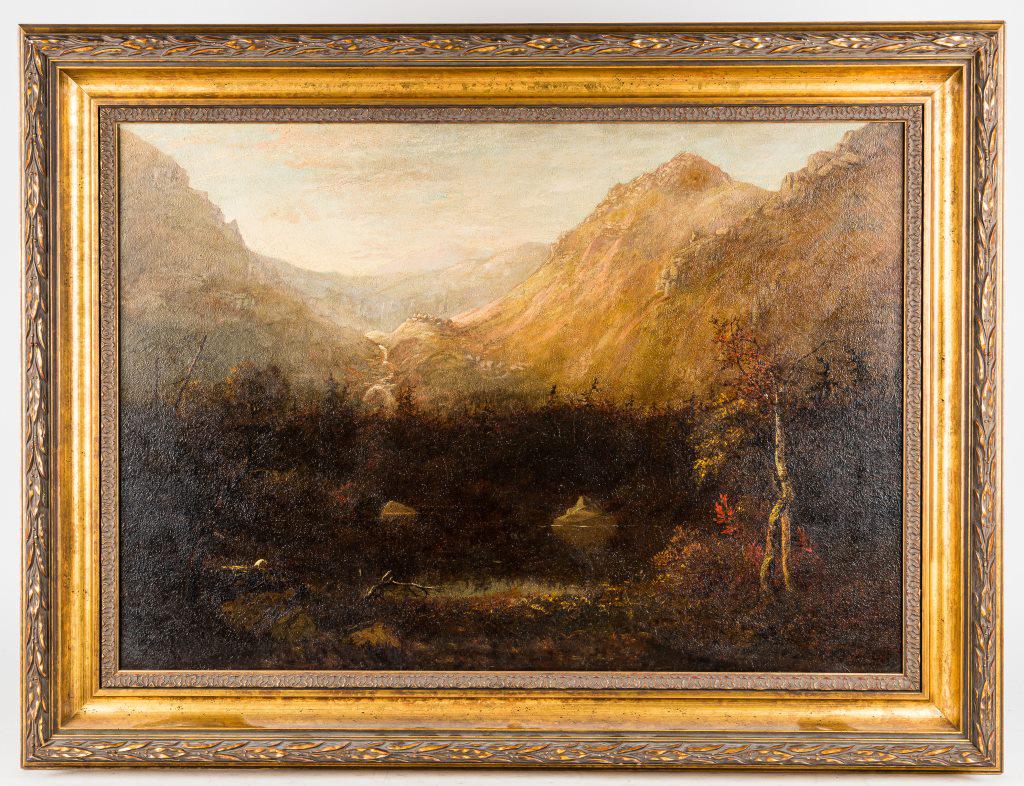 Francis Seth Frost (1825-1902) Oil on Canvas: Francis Seth Frost signed LR oil on canvas landscape of mountain and lake scene, canvas has been relined, approx 32"H x 41.75"L OD. Fine detail in the painting with the white line in lower middle area
