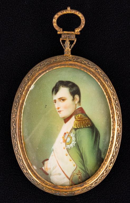 Antique Napoleon Watercolor Miniature: Rare well executed unsigned watercolor portrait miniature of a young Napoleon with much detail to regal uniform with medals, epaulets, and hilt of gold sword, approximate 3" x 5"