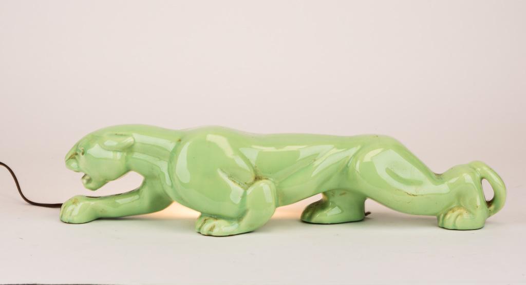 MCM Green Panther Lamp: Large Mid Century Modern lime green prowling panther lamp with rhinestone eye in working order
