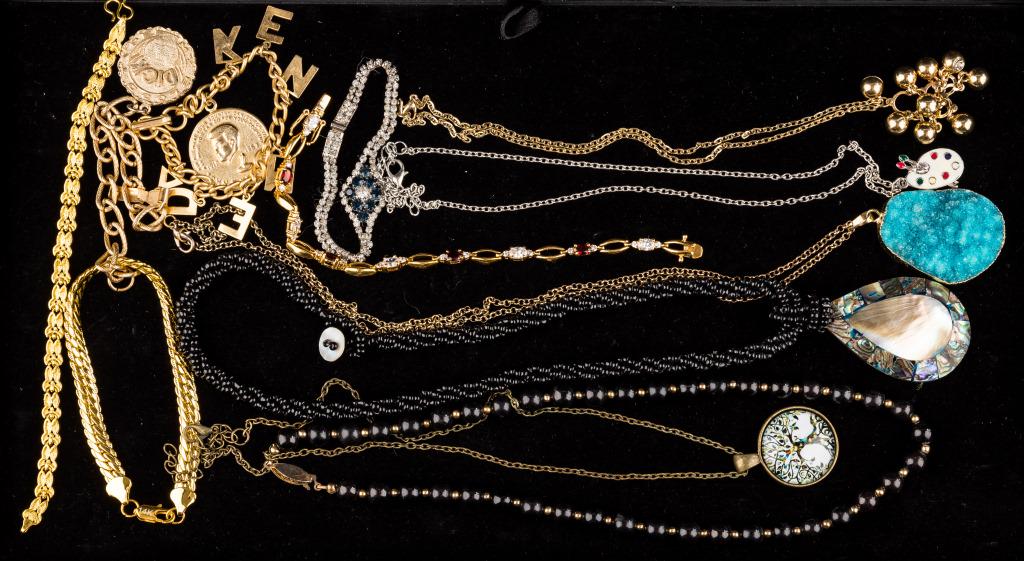 Costume Jewelry, Necklaces & Bracelets: Lot of 6 necklaces including 6 pendants and 6 bracelets including a charm "Kennedy" bracelet and rhinestone bracelets