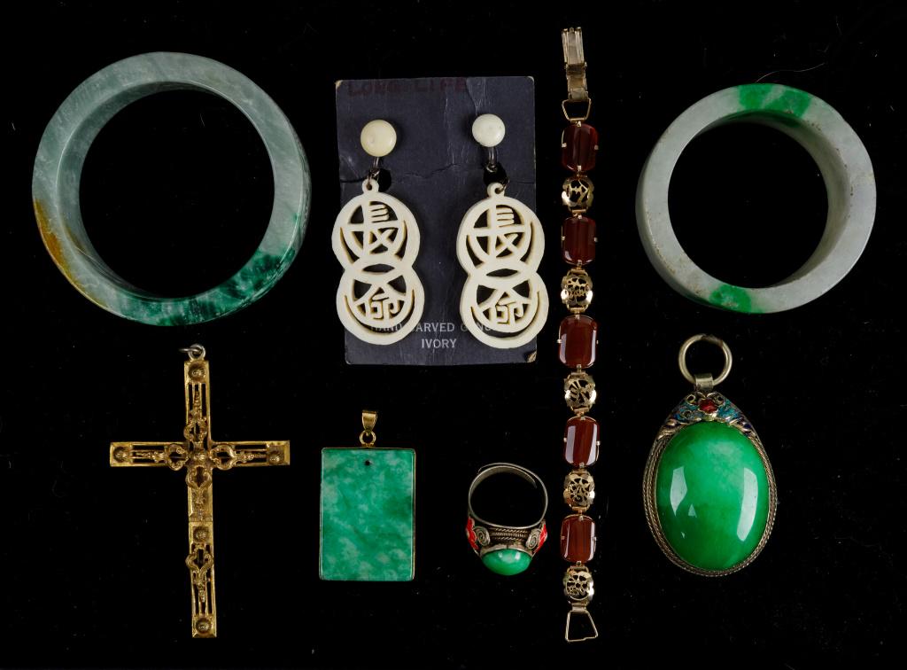 Vintage Estate Jade Jewelry Collection: Seaweed, apple, yellow and other color jade bracelets, large signed in Chinese characters on reverse bright green jade pendant, large jade and red enamel floral detail ring, Chinese symbol carnelian b