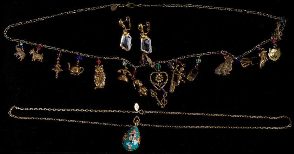 Vintage Designer Jewelry Collection: "Joan Rivers" signed large enamel egg pendant necklace, "KJL" clear stone earrings and "Sweet Secrets" long charm necklace.