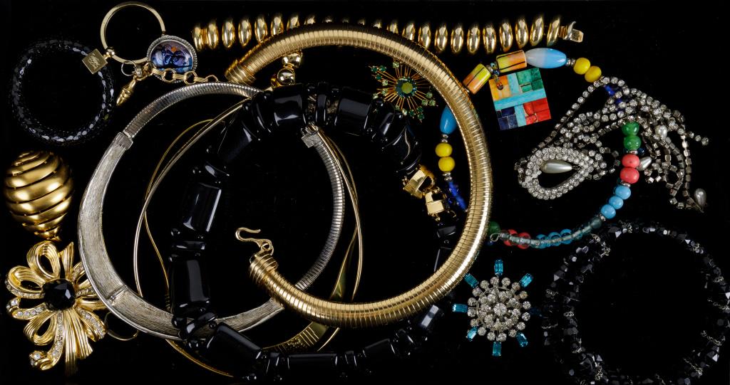 "Whiting and Davis" Keychain & Vintage Jewelry: "Whiting and Davis" black mesh keychain statement necklaces, butterfly wing and other brooches and more.