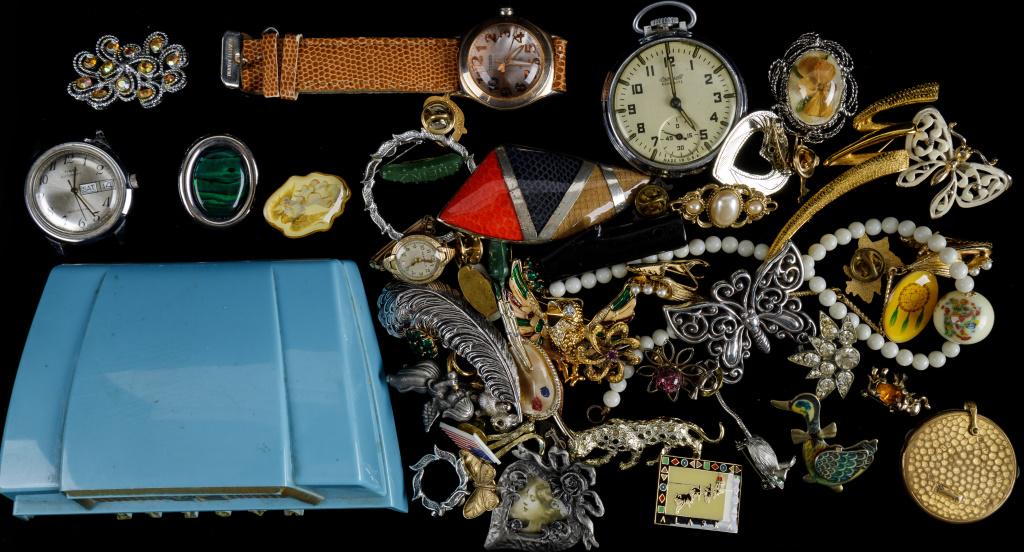 Watch & Eclectic Vintage Jewelry Collection: Sampling includes "Ingersoll" stop watch, vintage "Timex" automatic, "Bulova" watch on silk cord gold fill with vintage celluloid box, brooches, necklaces, "Heinz" pickles and more. Watches as found c
