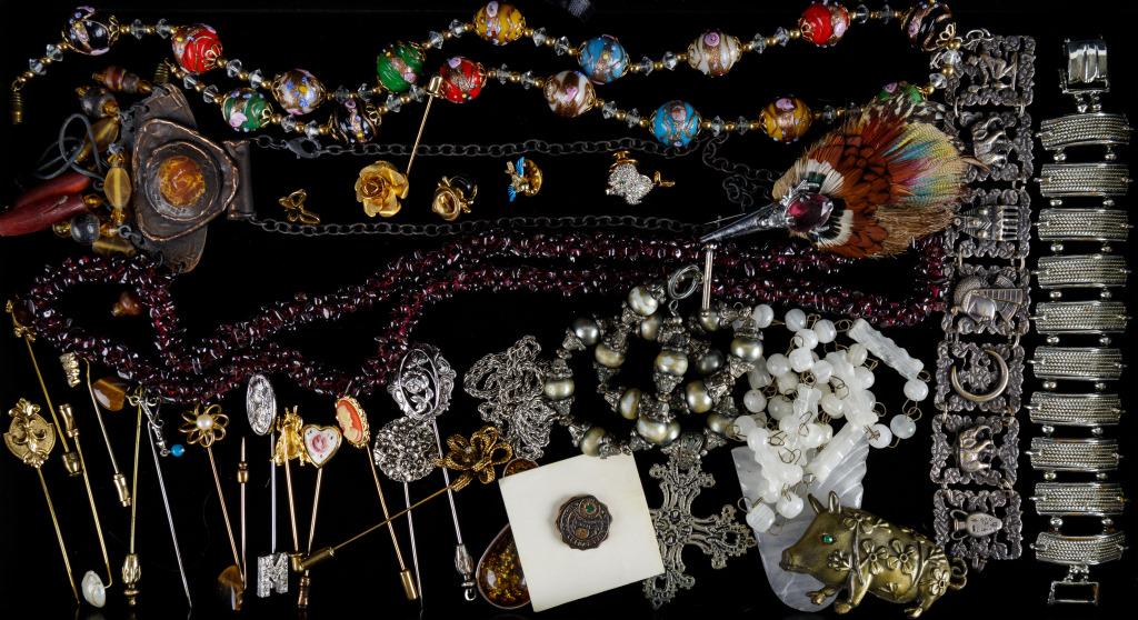 Vintage Jewelry Collection: Sampling includes artisan necklace, long garnet necklace, carved quartz and other necklaces, Scottish type kilt pin, many stick pins and more.