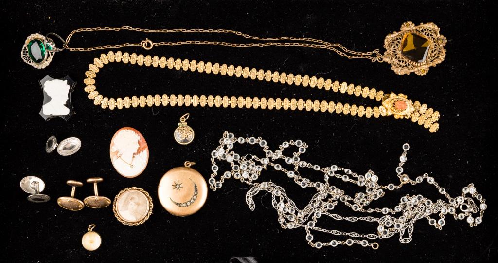 Antique Estate Jewelry Collection: Includes coral tassel antique necklace, amber hue filigree glass necklace, portrait and green glass pins, two loose carved cameos, large crescent moon locket, heart shape baby ring, cufflinks and more