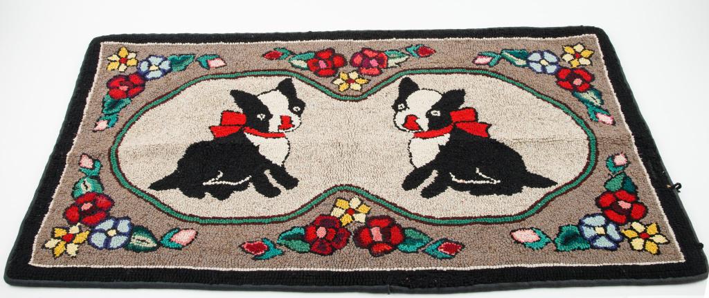 Antique Boston Terriers Hooked Rug: Antique Boston Terriers Hooked Rug measures approx 32" x 40".