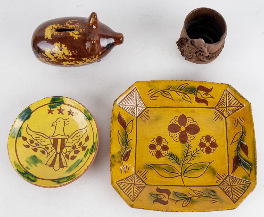 Vintage Redware & Stoneware: Vintage redware, two pieces by Breininger Pottery, Robesonia, Pennsylvania. One redware piggy bank signed "LB 87" on bottom. One stoneware pot with detailed mouse decoration signed J Gale.